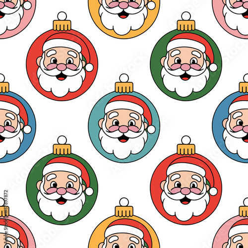 Santa Claus cartoon illustration in colorful Christmas ornaments on white background