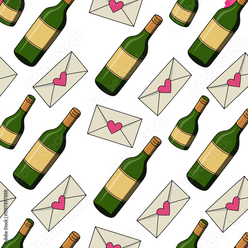 A wine bottle illustration with envelopes and hearts on a pink background