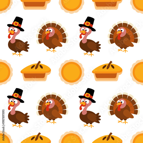 A colorful illustration of turkeys and pies on a blue background