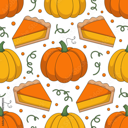A vibrant illustration of pumpkin pie slices and pumpkins on a white background