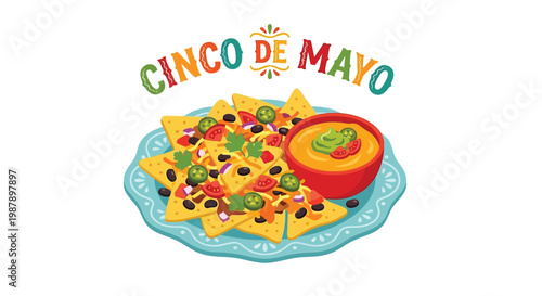 Cinco de mayo celebration with colorful nachos and a bowl of dip