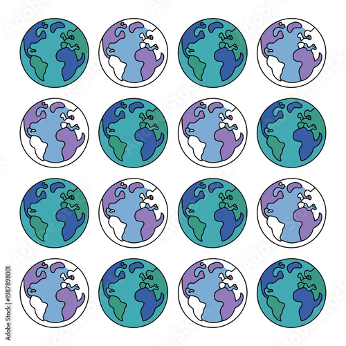A colorful illustration of multiple earth globes on a yellow background