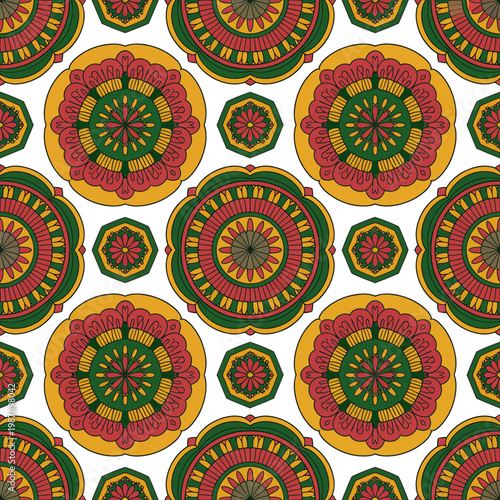 A colorful mandala seamless pattern with intricate designs and shapes