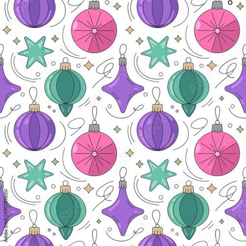 Christmas ornament seamless pattern with colorful illustration on white background