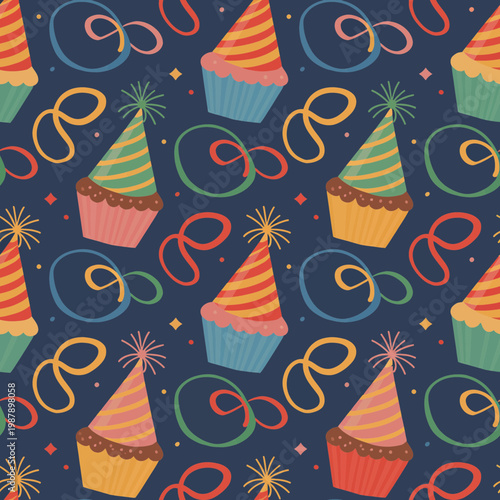 A colorful party background with cupcakes and party hats illustration