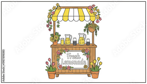A colorful illustration of a lemonade stand with flowers and a striped awning