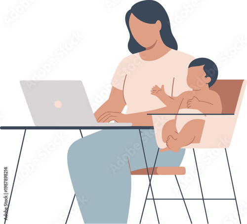 Woman working on laptop with baby vector on white background.