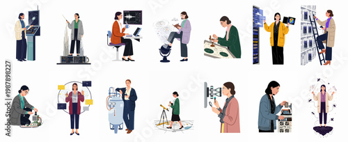 Set of flat vector illustrations depicting women in various STEM careers, featuring scientists, engineers, and researchers working with technology and data.