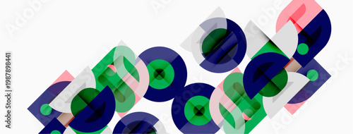 Abstract geometric shapes overlap, creating colorful patterns. Circles, squares, rectangles dominate composition. Minimalist design, modern aesthetic.