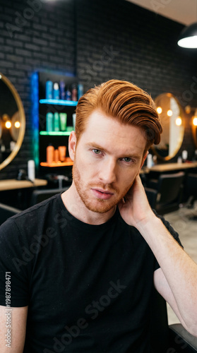 Redhead man posing in a hair salon