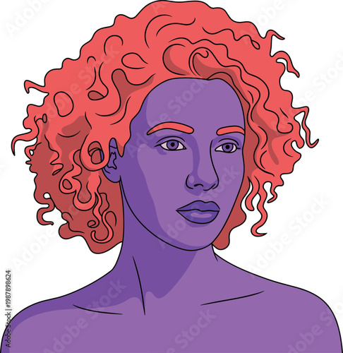 Purple woman with curly red hair vector on white background.
