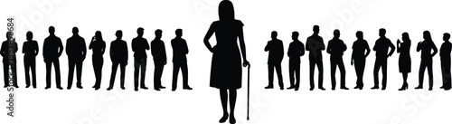 WebSilhouette group teamwork concept, leader with cane, diversity unity illustration, flavector