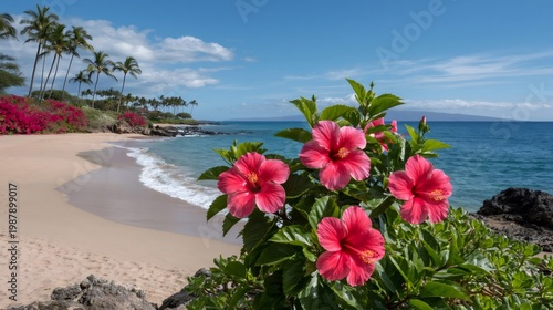 Hawaii beach scene with hibiscus flowers and palm trees