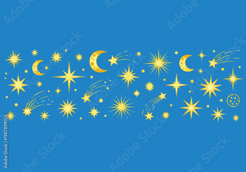 Whimsical night sky with glowing stars and crescent moons