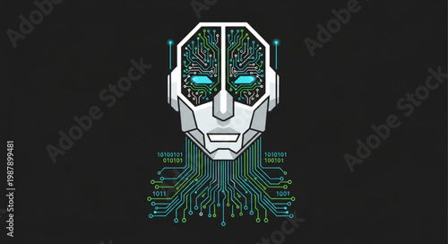 Futuristic robot head with glowing blue eyes and intricate circuitry.