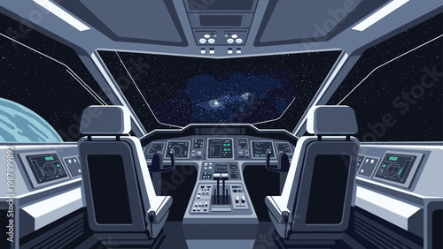 Detailed view from the cockpit of a futuristic spaceship looks out into the vastness of deep space with stars and a distant planet.