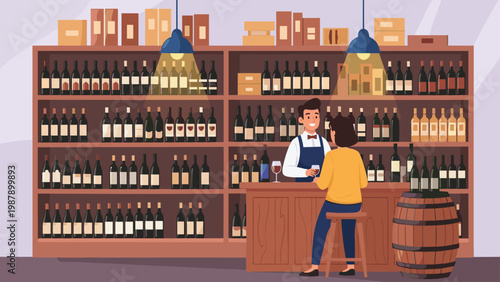 Friendly bartender serves a woman at a stylish wine bar surrounded by shelves stocked with a wide variety of bottled beverages.