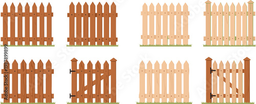 Wooden picket fence sections with gates on green grass isolated on white background