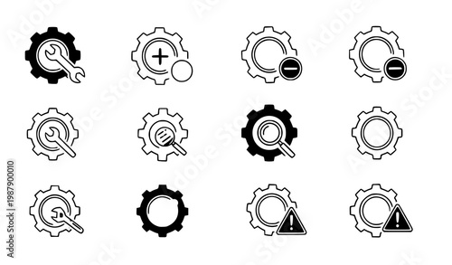 Collection of black and white gear icons representing settings maintenance troubleshooting and technical support concepts
