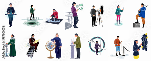 Diverse set of futuristic science and fantasy character illustrations featuring researchers, explorers, and technicians in a flat vector style.