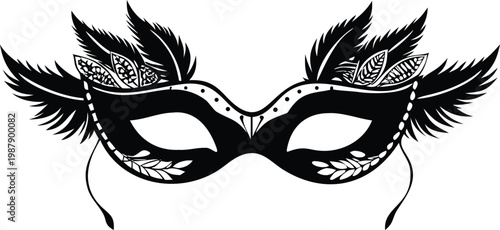 Masquerade carnival mask with ornate feathers and decorative elements isolated on transparent background.