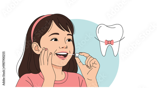 Happy young girl smiles brightly while holding her newly lost baby tooth in her hand with a tooth fairy themed graphic in the background.
