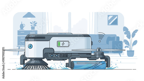 Modern robotic vacuum cleaner with smart sensors and a battery indicator works on a floor in a contemporary living room interior setting.