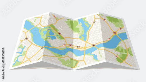 Detailed city map is shown unfolded with various roads, landmarks, and a river flowing through the urban landscape for travel planning.