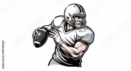 力強い筆致、ボールを投げるアメリカンフットボール選手