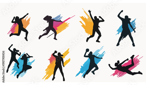 Dynamic athletic silhouettes a collection of eight energetic figures in mid action poses with vibrant brushstroke backgrounds