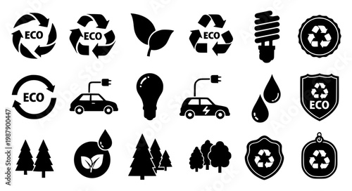 Eco Recycling Green Icons Set Sustainability Nature Environmental Vector Collection