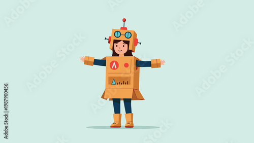 Young girl wearing a creative homemade robot costume made of cardboard boxes stands with arms outstretched on a light blue background.