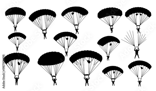 A collection of black silhouette illustrations depicting various perspectives of parachutists in mid air descent showcasing dynamic movement