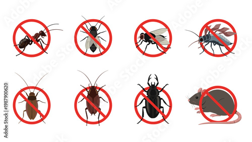 Set of graphic symbols shows various insects and pests such as flies, ants, and mice crossed out with a red circle and slash for control.