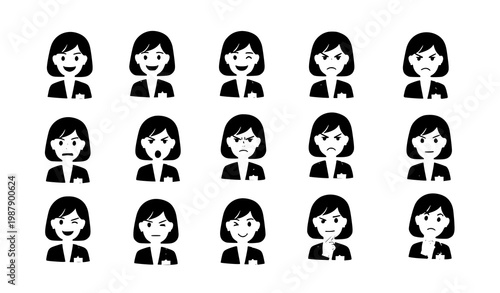 A collection of sixteen black and white cartoon icons depicting diverse female emotional expressions and head tilts