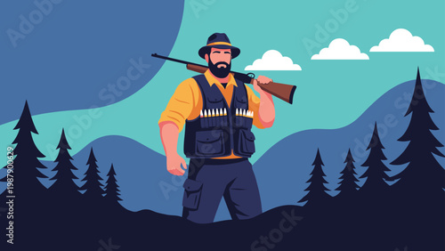 Bearded hunter wearing a camouflage vest and a hat carries a rifle over his shoulder while standing in a dark pine forest at dusk.