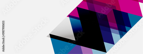 Abstract geometric composition. Overlapping planes create dynamic visual effect. Pink, blue hues dominate white background. Modern design.