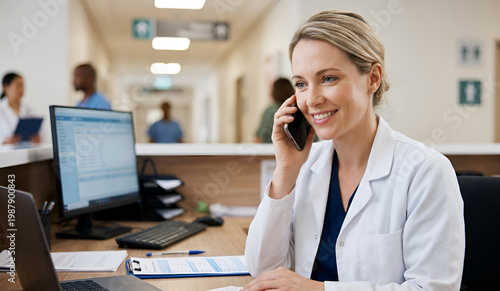 Professional communication in a hospital setting with a focused receptionist providing support services.