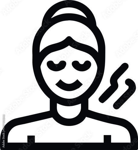 Woman with a facial mask and steaming treatment vector icon for spa and beauty black outline isolated on transparent background.