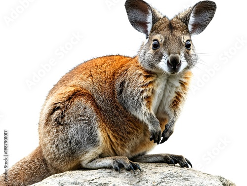 Small wallaby sits on a rock while looking towards the camera.
