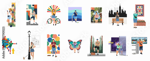 Collection of flat vector illustrations depicting diverse people traveling, taking selfies, and exploring urban and nature settings with smartphones.