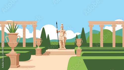 Classical garden scene with ancient Roman architectural elements like columns, hedges, and a central marble statue of a warrior.
