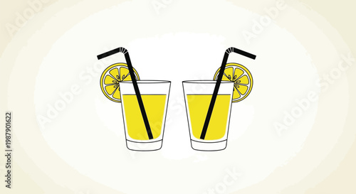 Two glasses of lemonade with straws and lemon slices on a light background