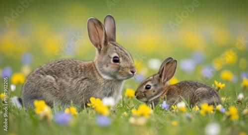 Springtime Bunny Bliss: Two adorable bunnies, a mother and her offspring, find solace among a vibrant field of spring blooms. Bathed in the soft glow of natural light.