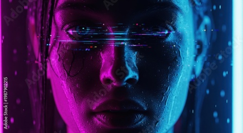 Neon-Lit Cyborg's Gaze: A captivating portrait of a cyborg, illuminated by vibrant neon hues, with lines of data flowing across the face, embodying the fusion of humanity and technology.