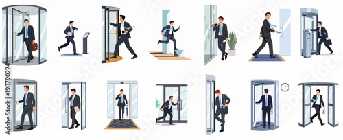 Collection of Illustrations Depicting a Businessman in a Suit Entering and Exiting Modern Office Buildings through Revolving and Glass Doors