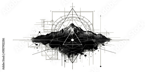 Vintage black and white sketch of a ship silhouette and an urban city tower design featuring line art architecture and electric power wire construction