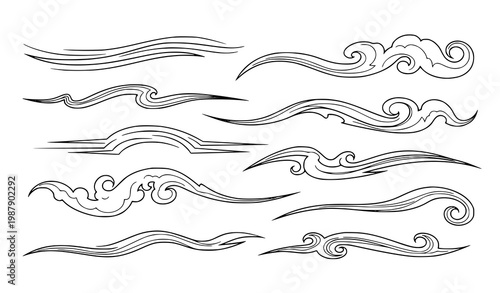 Flowing smoke and vapor trail vector set with swirling mist lines and steam waves in cartoon style isolated on white