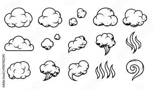 Cartoon smoke cloud and steam puff vector set with white vapor shapes and soft mist elements isolated on white background