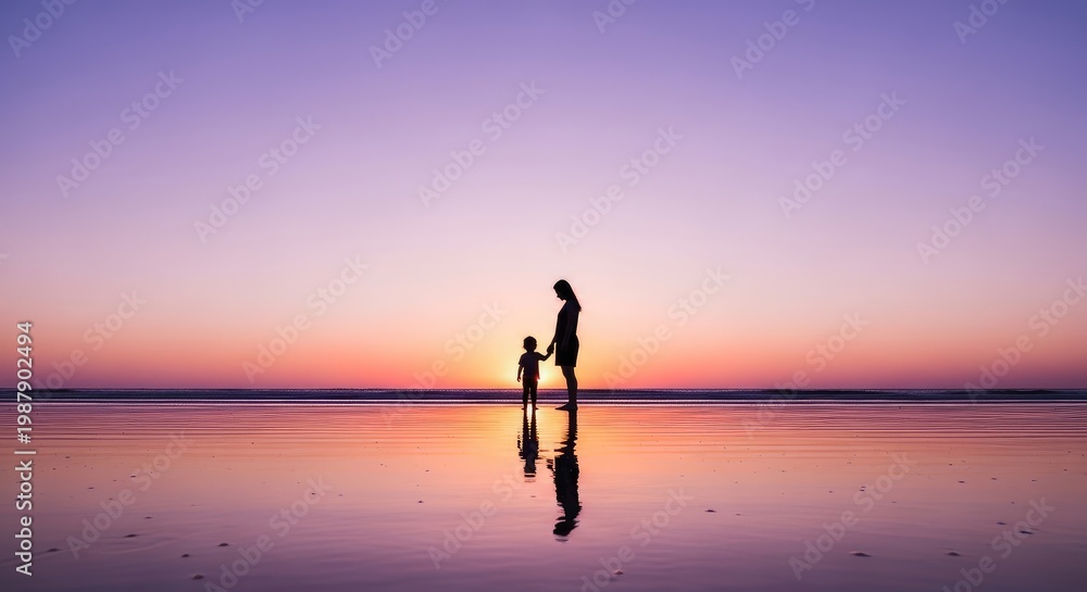 Fototapeta premium Silhouette of and child on beach at sunset mother's day background wallpaper poster banner download 2026 2027